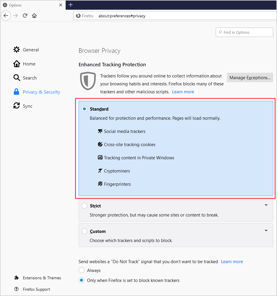 "Standard" browser privacy option is enabled in Firefox settings.